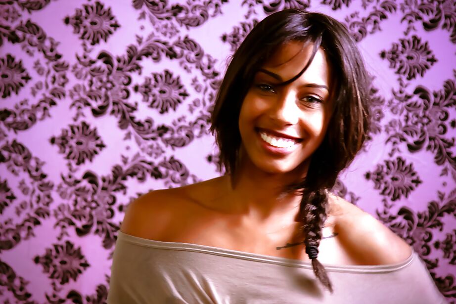 16P Smiley ebony floosie with pigtail uncovering her tiny titties