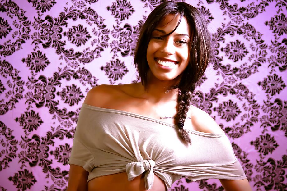 16P Smiley ebony floosie with pigtail uncovering her tiny titties