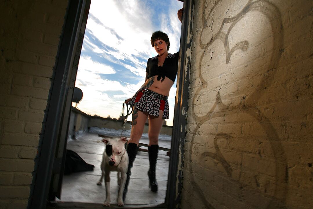 15P High heeled tattooed goth in high heels rooftop