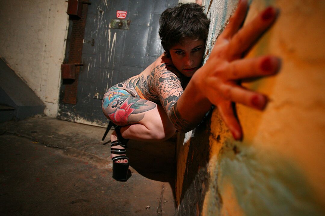 15P High heeled tattooed goth in high heels rooftop