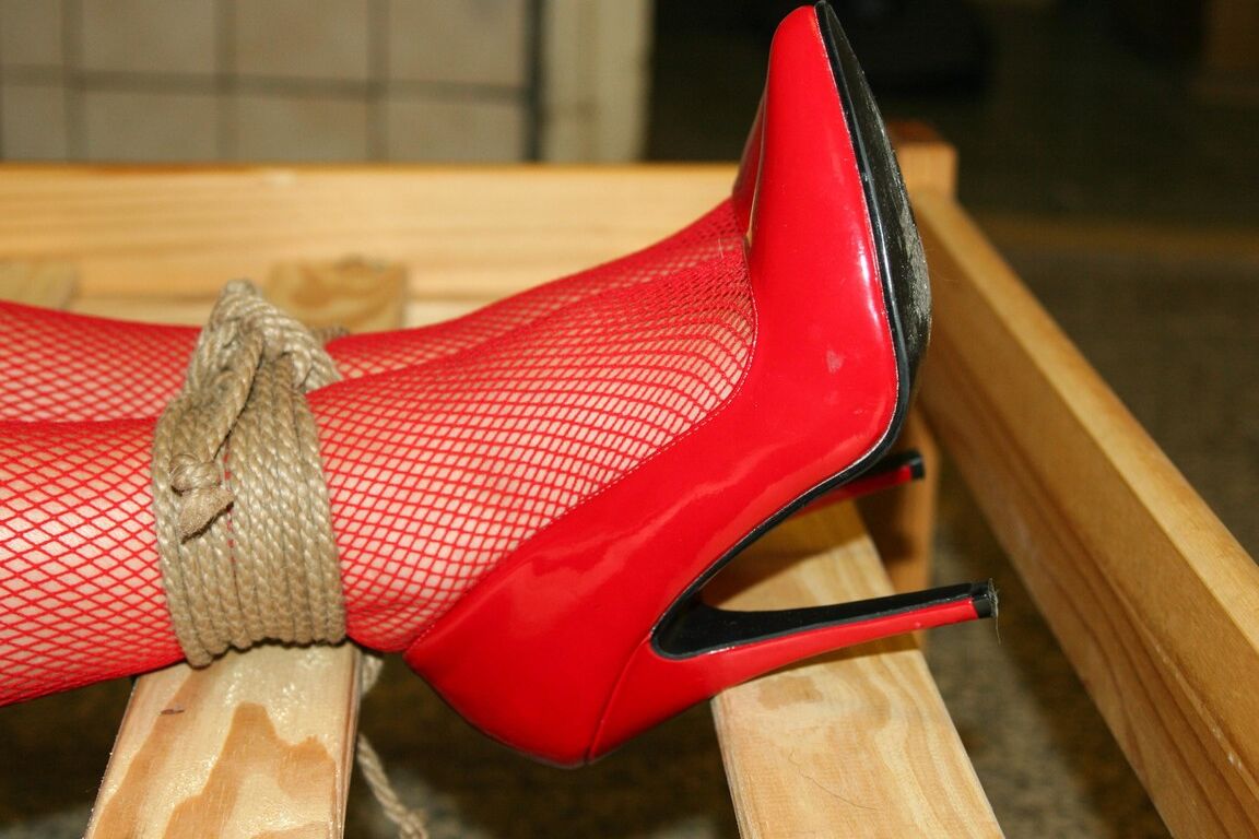 17P Czech MILF Cindy Dollar fishnet rope tied & gagged on a slatted bed frame