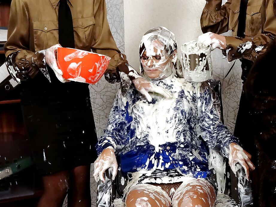 16P Nasty european fetish ladies make some messy fully clothed action