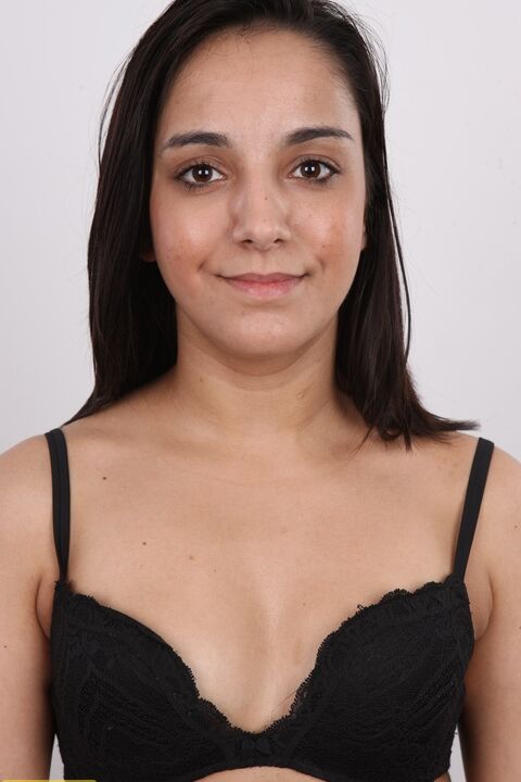 20P First timer Sabina strips completely naked before a closeup of her bald pussy