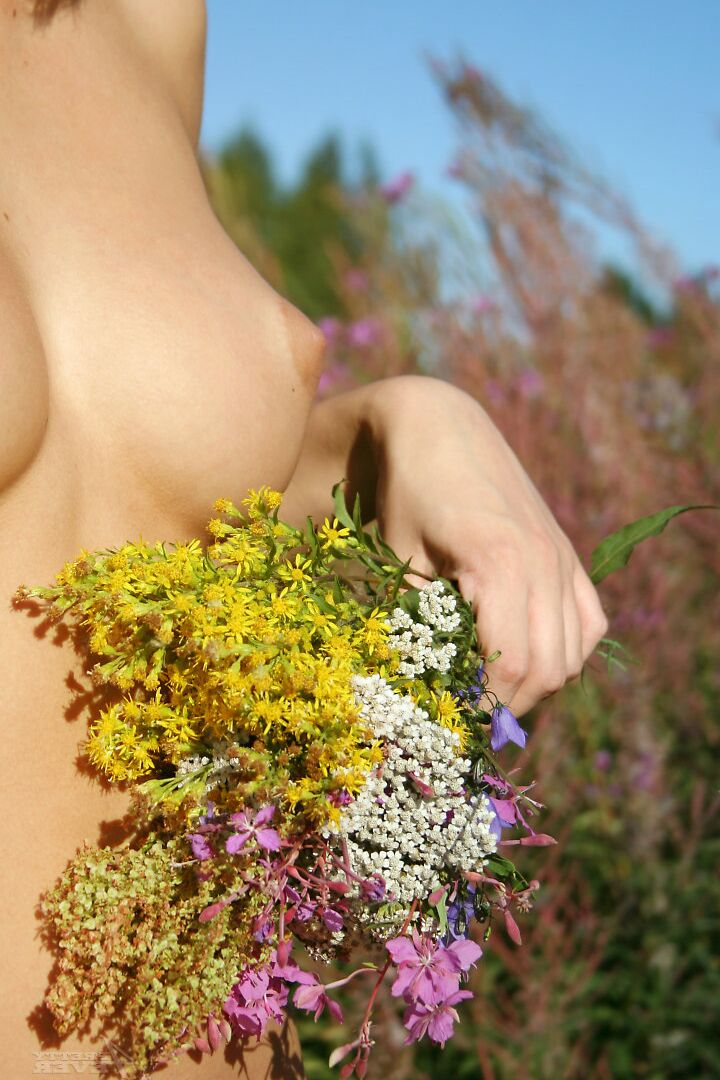 16P Modelos jovens e peitudas completamente nuas em meio a flores silvestres