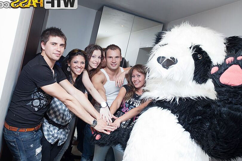 16P College students take part in hardcore group sex with the help of a panda bear