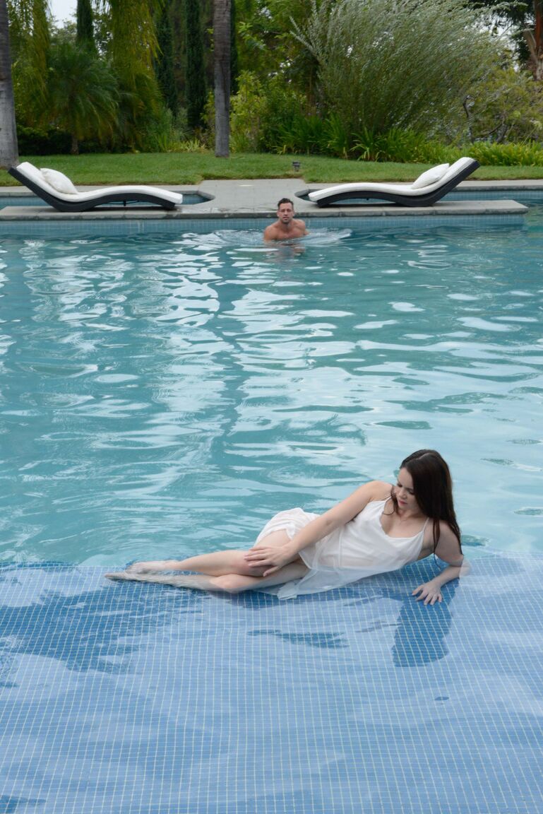 21P Stunning brunette Jenna J Ross fucks her man in the pool wearing a white dress