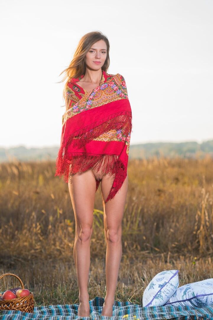 Mary Kalisy, mannequin adolescente 16P, se met totalement nue lors d'un pique-nique dans un champ.