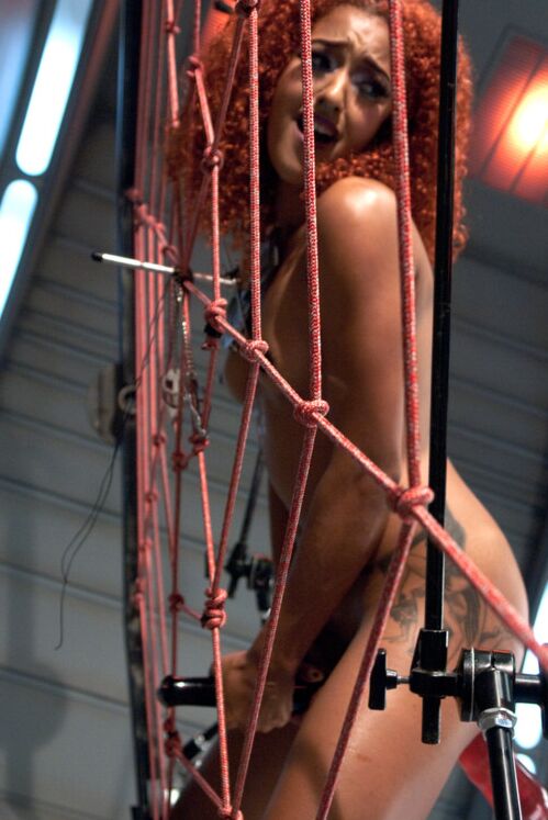 15P Sexy, tall, dark skinned Daisy Ducati uses a web of machines & BDSM toys to