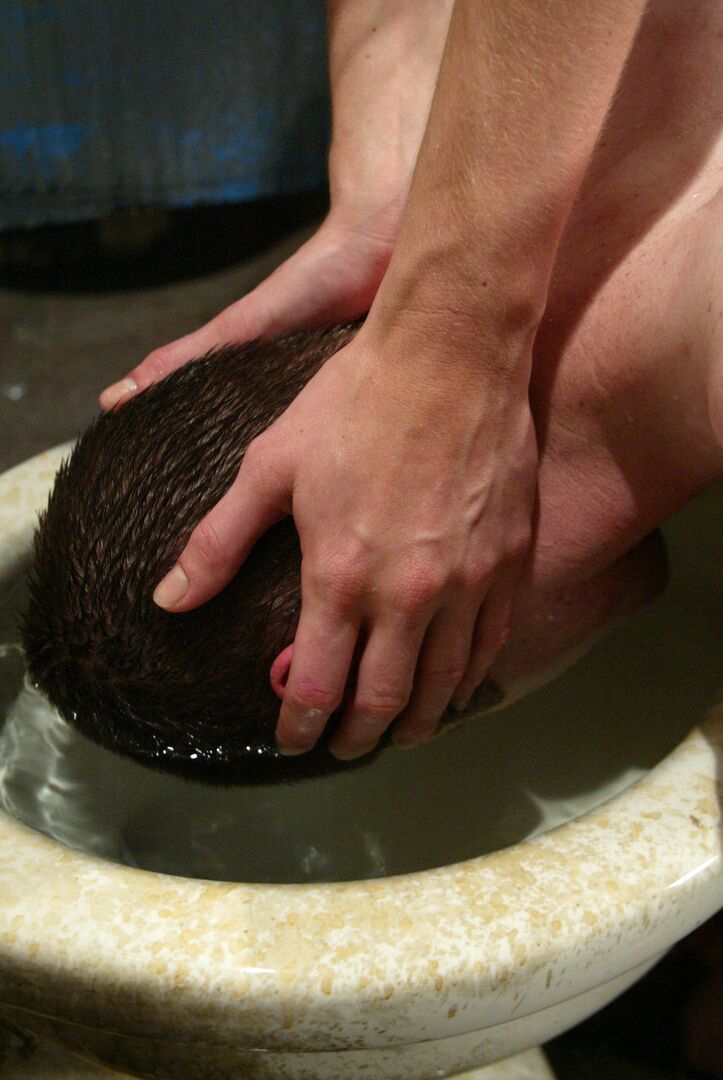 17P Mistresses Harmony and Isis Love dip slave's head into toilet bowl