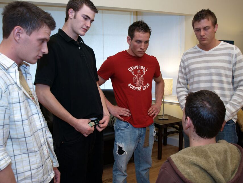 21P Cute brunette stud Samuel participates in a gay blowbang with his classmates