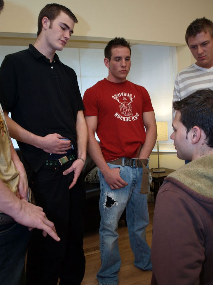 21P Cute brunette stud Samuel participates in a gay blowbang with his classmates