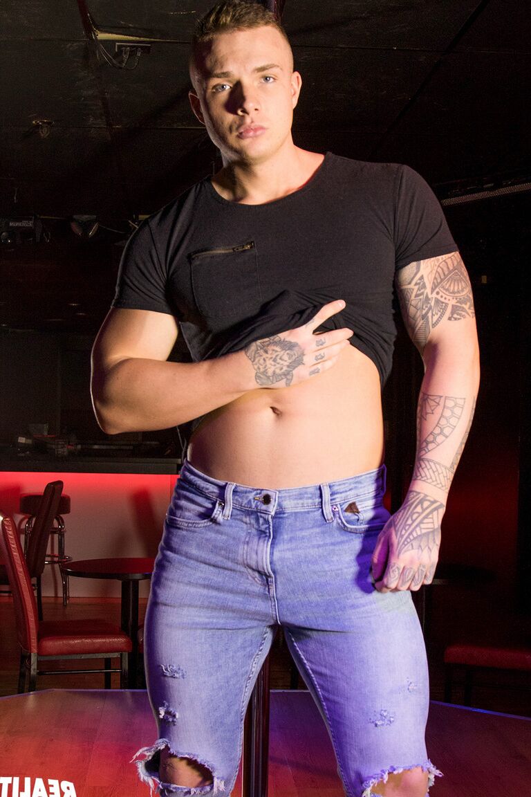 15P Handsome ripped Theo strips on a dancing pole and shows his big cock