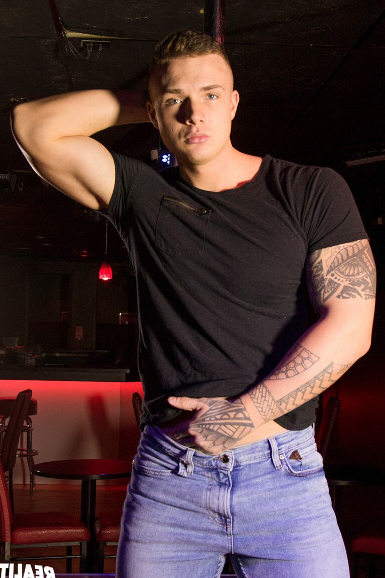 15P Handsome ripped Theo strips on a dancing pole and shows his big cock