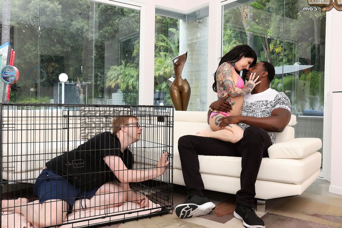 15P Une femme brune enferme son cocu dans une cage pour chien avant de coucher avec un taureau noir