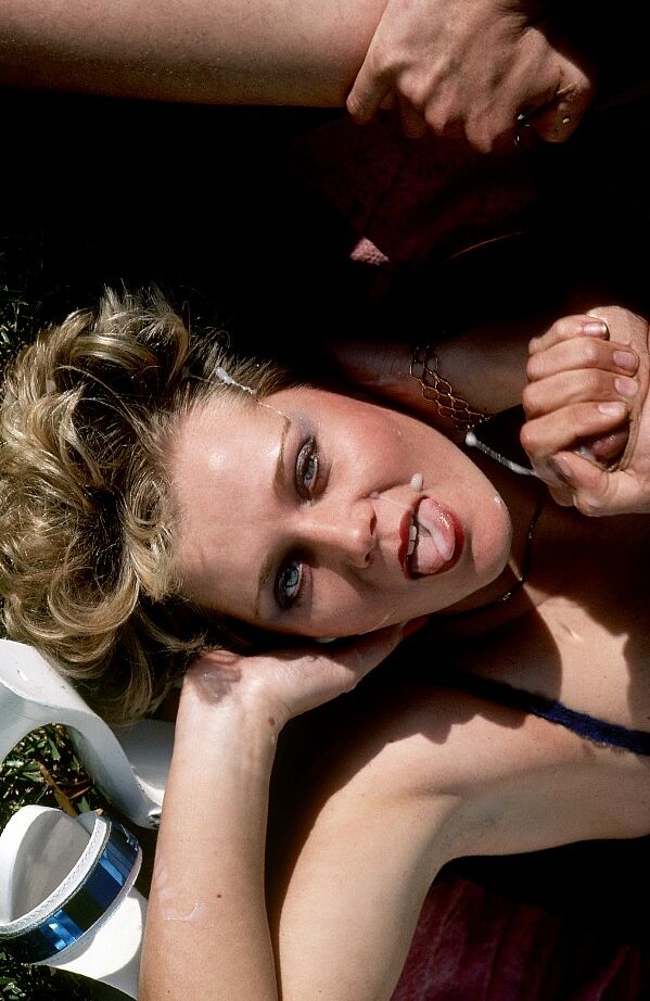 12P Blonde female with red lips gets cum on face after a DP in backyard