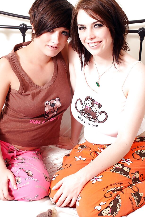 16P Short haired brunette teens with big tits stripping and kissing each other