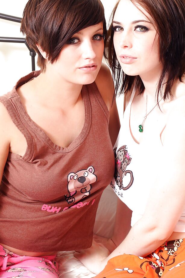 16P Short haired brunette teens with big tits stripping and kissing each other