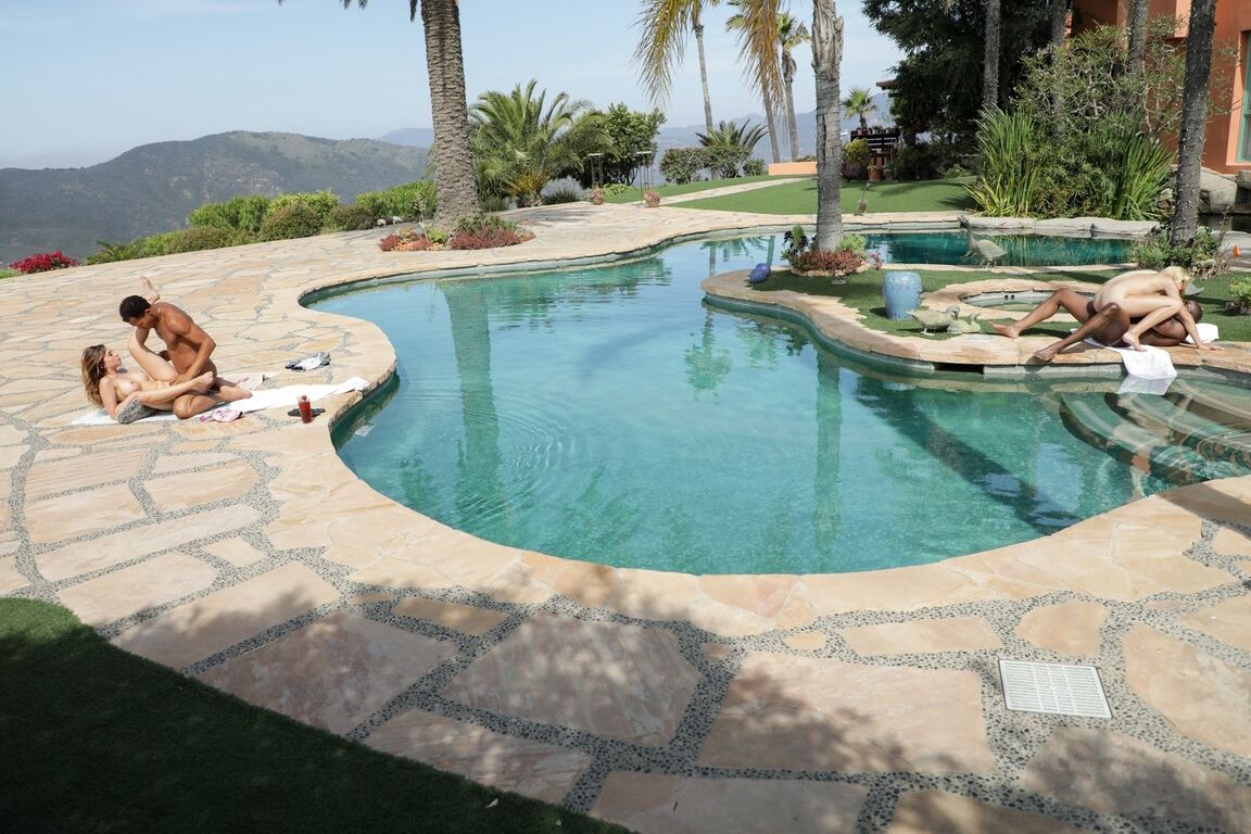 17P Chocolate buddy impales mistress Quinn Wilde outdoors by poolside
