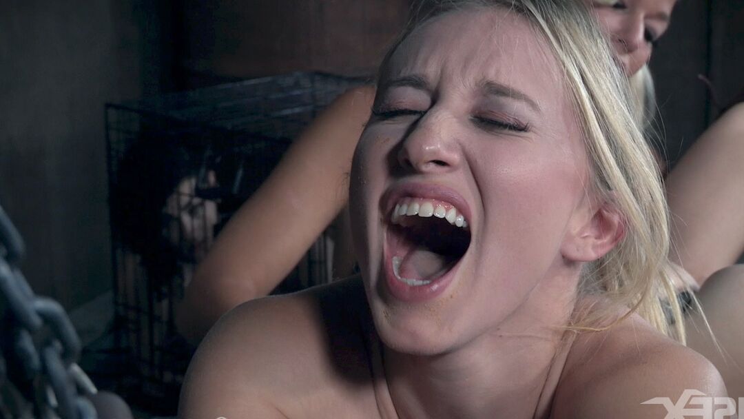 15P Hot blonde slave bound & gagged on table for pussy torture in rough lezdom