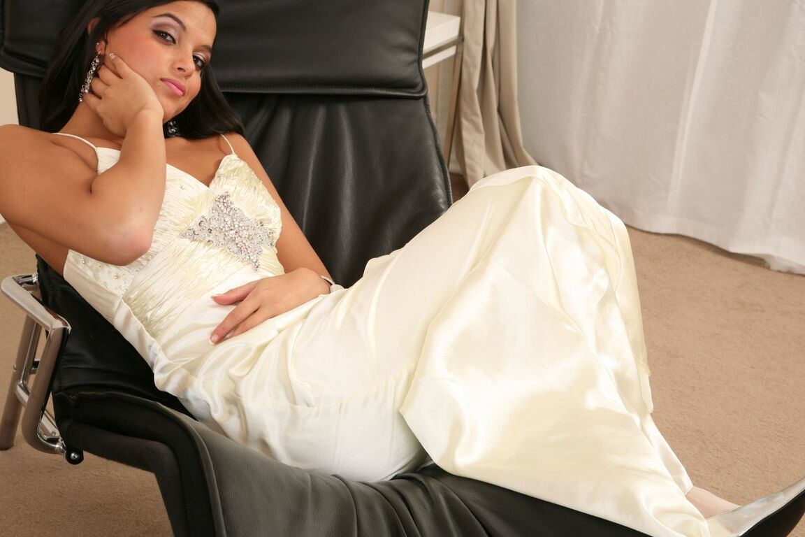 21P Glamorous Bebe stripping off elegant white dress and posing in stockings
