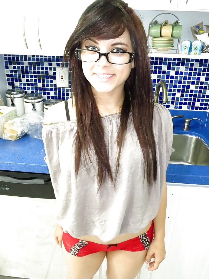 16P Smiley teenage fox in glasses slowly uncovering her seductive curves