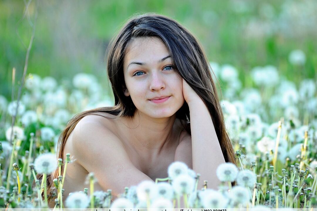 16P A garota peituda Sofie mostra sua beleza nua em um campo cheio de dentes de leão