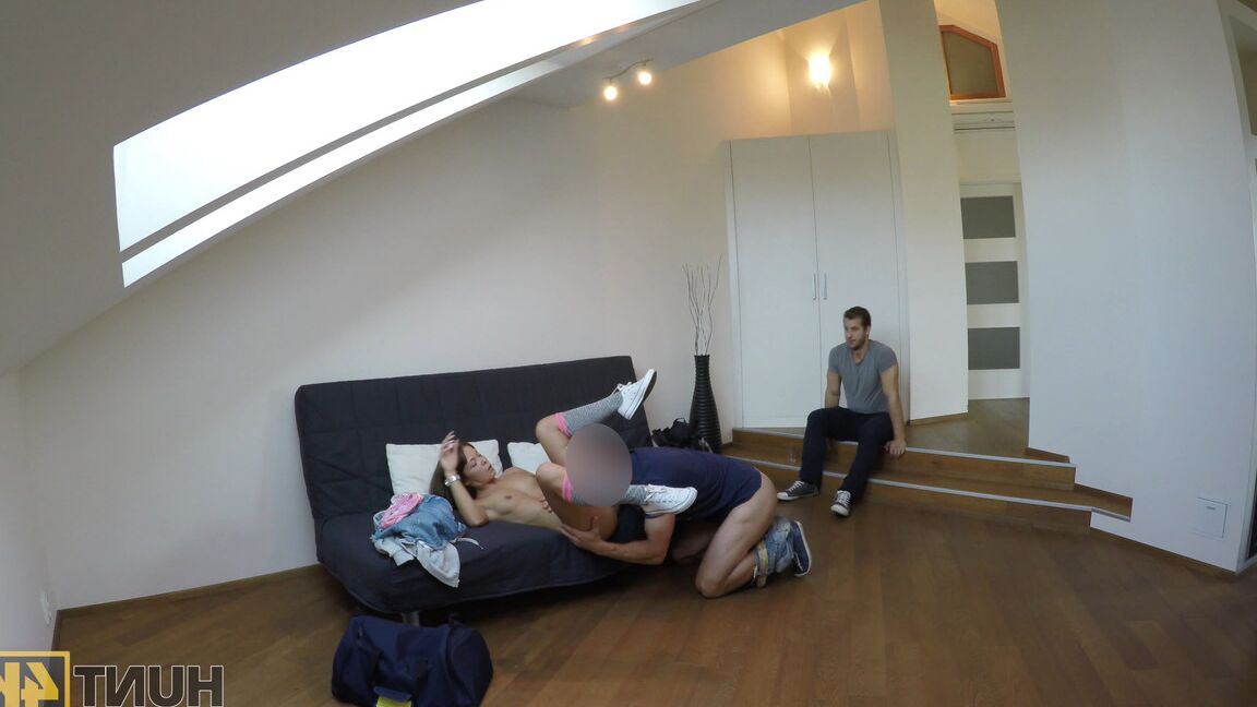 21P Brunette amateur strips, sucks dick and gets her twat railed on casting couch