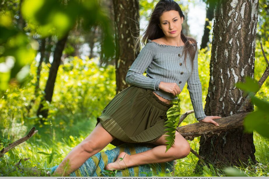 18P Lilian A goes nude in the forest She poses her beautiful body on a tree trunk