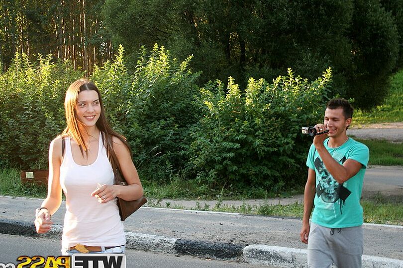 16P Hot brunette Veronica gets cum on face after sex with 2 boys under an overpass