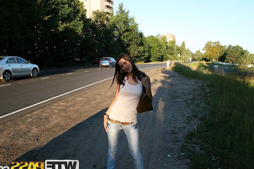 16P Hot brunette Veronica gets cum on face after sex with 2 boys under an overpass