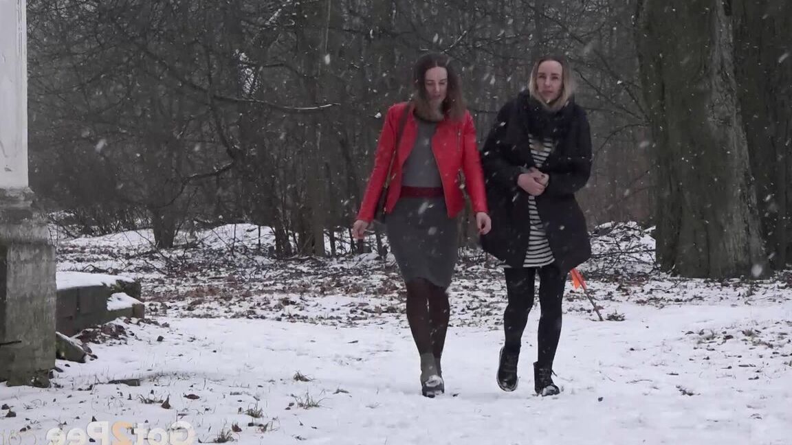 15P Brunette pees over steps in front of friend