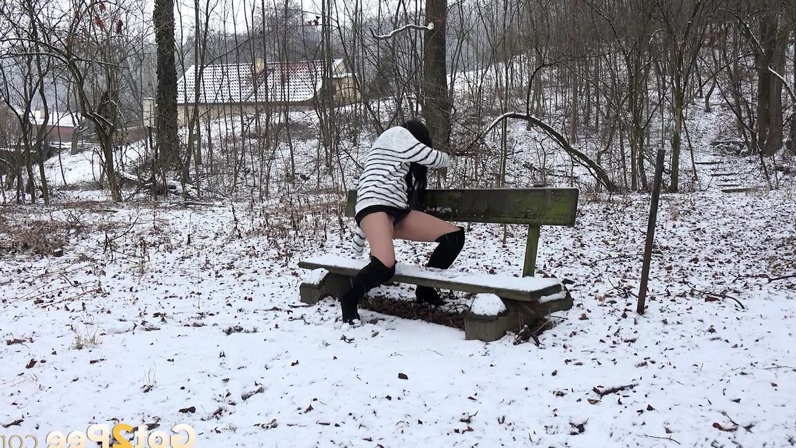 15P Pretty dark haired babe pisses outside in the snow