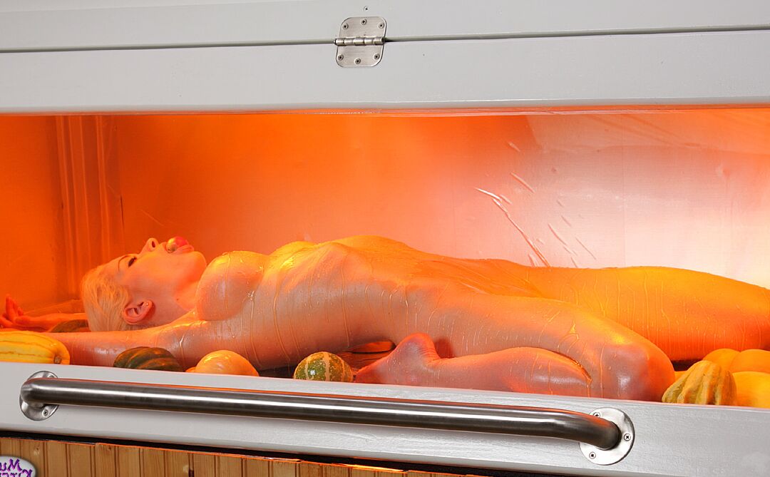 21P Blonde with big tits Emily Addison oiled up and garnished on a roasting tray