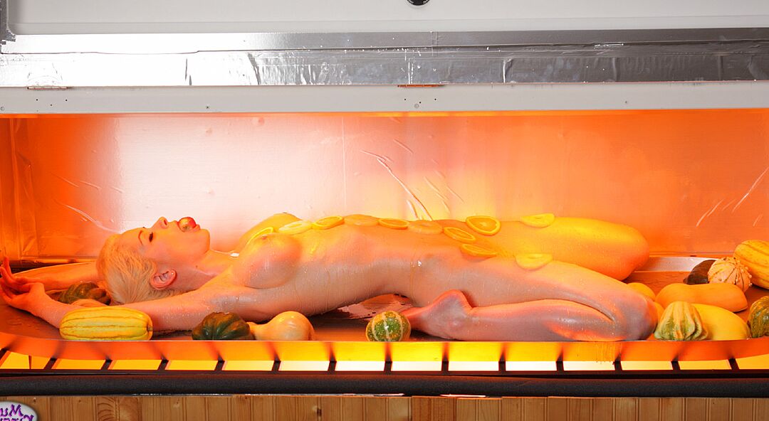 21P Blonde with big tits Emily Addison oiled up and garnished on a roasting tray