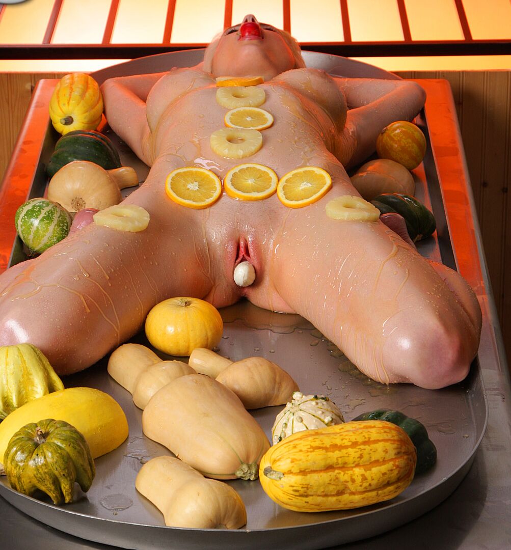 21P Blonde with big tits Emily Addison oiled up and garnished on a roasting tray