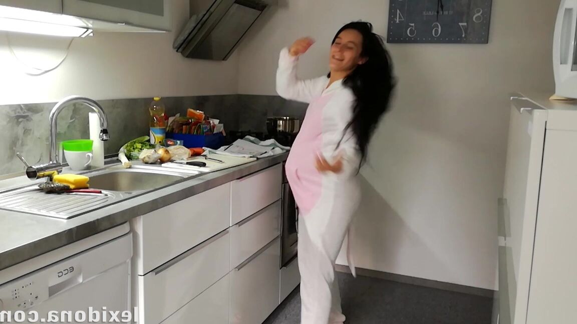 15P Horny and pregnant Lexi Dona undressing in the kitchen to sate her appetite