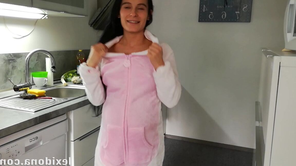 15P Horny and pregnant Lexi Dona undressing in the kitchen to sate her appetite
