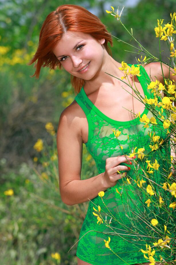18P Beautiful redhead Violla A takes off short dress to get naked on a dirt path