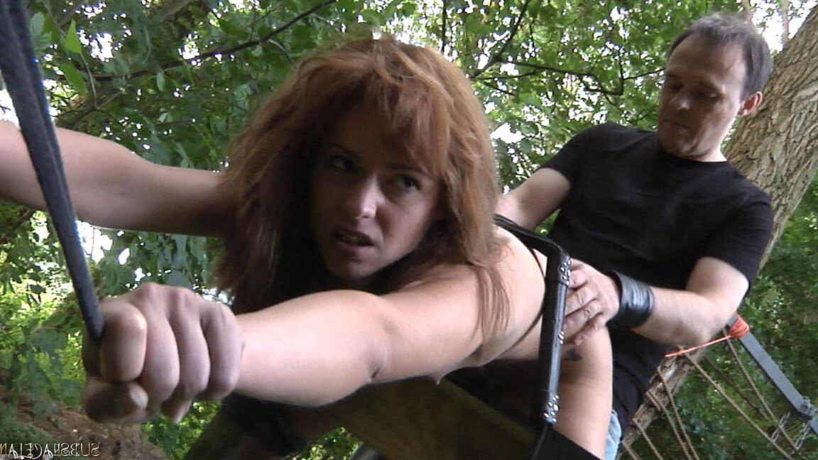 21P Brunette girl with small tits Lora Summer gets punished & tied up in the woods