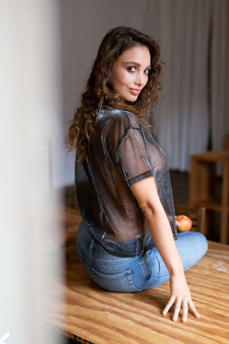 16P Stunning Latina Calypso Muse in sheer shirt displays sensational natural tits