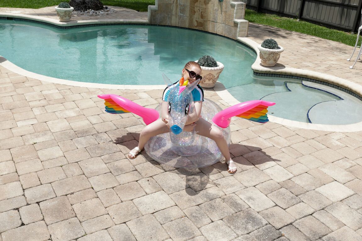 21P Slim ginger teen Amber Addis gets her twat stuffed by a bald dude poolside
