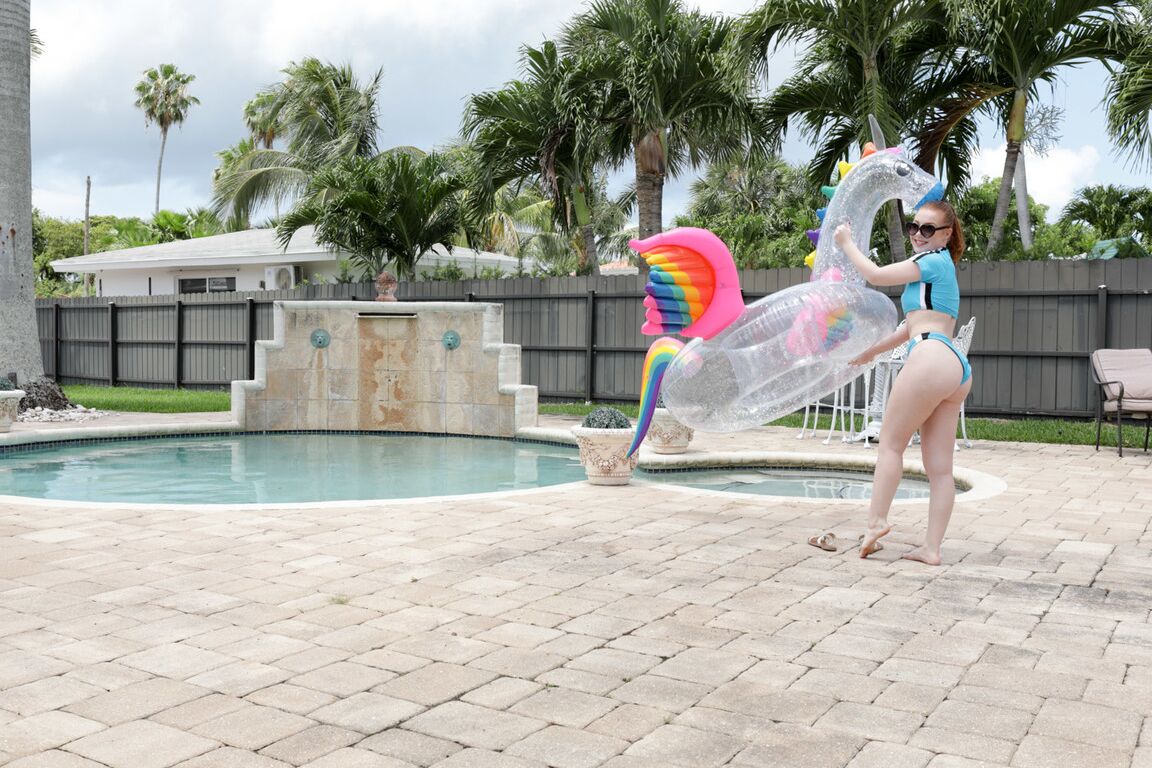 21P Slim ginger teen Amber Addis gets her twat stuffed by a bald dude poolside