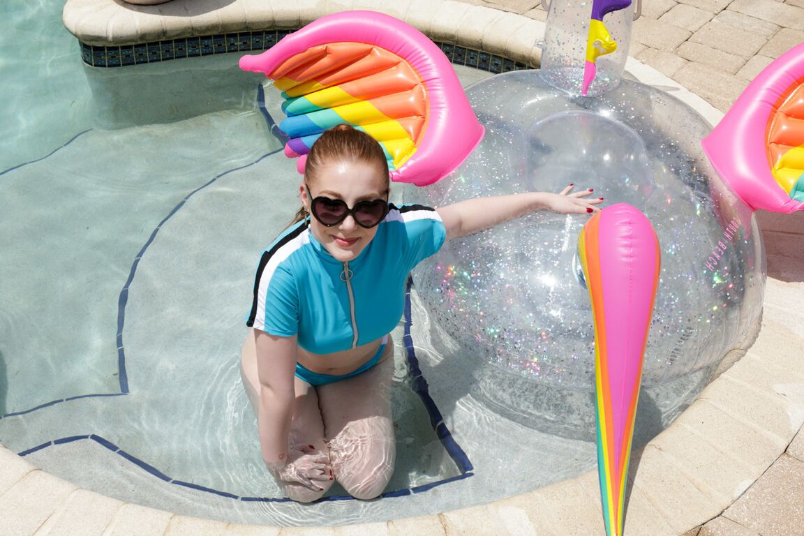 21P Slim ginger teen Amber Addis gets her twat stuffed by a bald dude poolside
