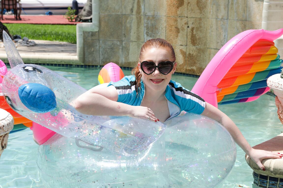 21P Slim ginger teen Amber Addis gets her twat stuffed by a bald dude poolside
