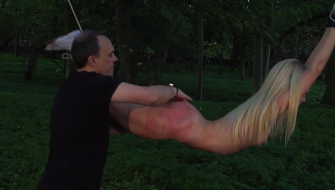21P Skinny and afraid Candee Licious tied up in woods gets punished