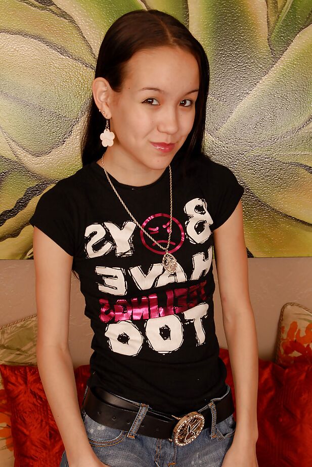 16P Barely legal Asian spinner Amai Liu posing fully clothed before stripping