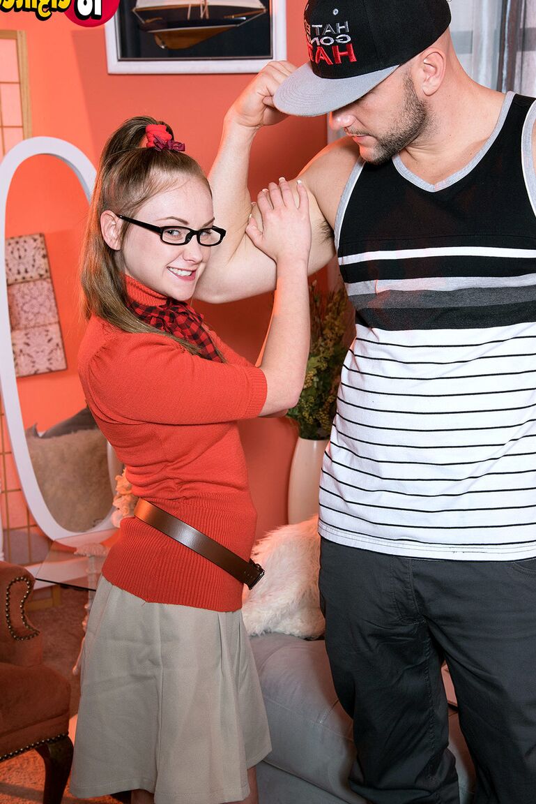 16P Geeky girl Lizzy Bell gets banged after being stripped to socks by her friend