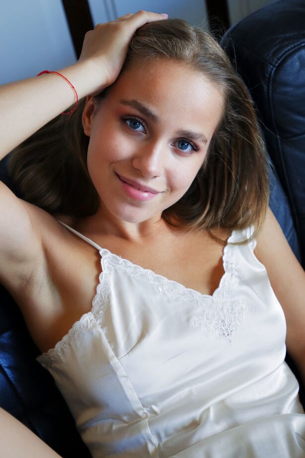18P Teen model Cassia slides sexy underwear aside before getting totally naked