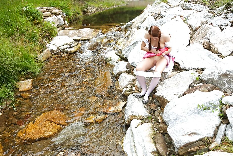 16P Pigtail wearing teen Morgan R pulling down her knickers to toy in the woods
