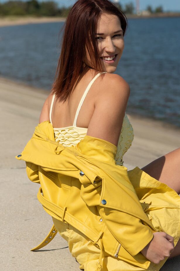 18P Sweet teen Mina divests herself of clothing to get naked by the ocean